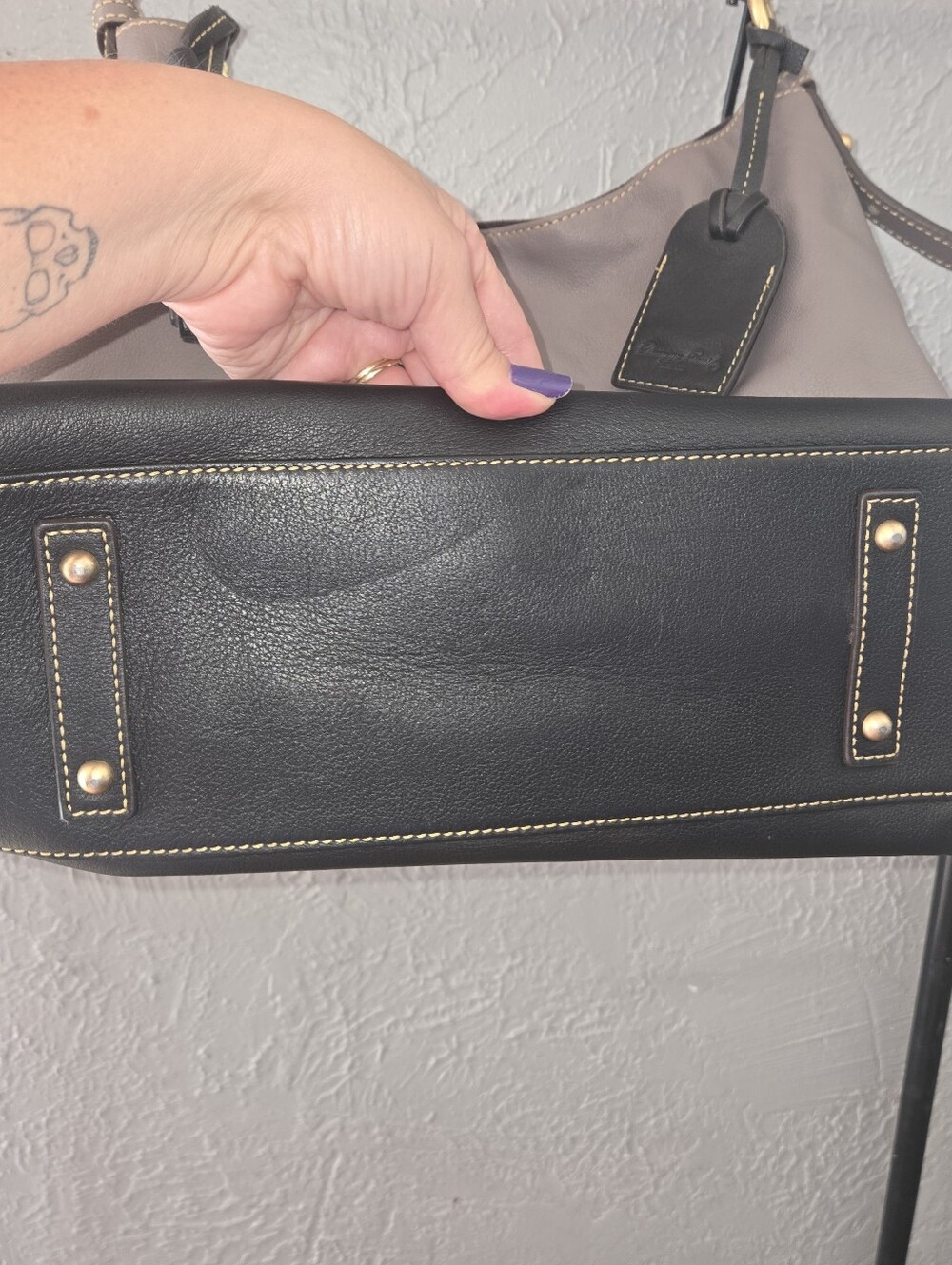 Dooney & Bourke Taupe and Black Leather Hobo Shoulder Bag - Picture 4 of 14